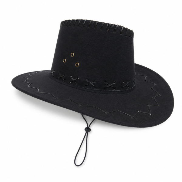 Chapéu cowboy preto Semaan com acabamento em camurça, três ilhós, costuras decorativas e cordão ajustável