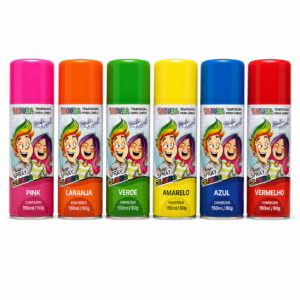 Tintura temporária para cabelo em spray nas cores pink, laranja, verde, amarelo, azul e vermelho